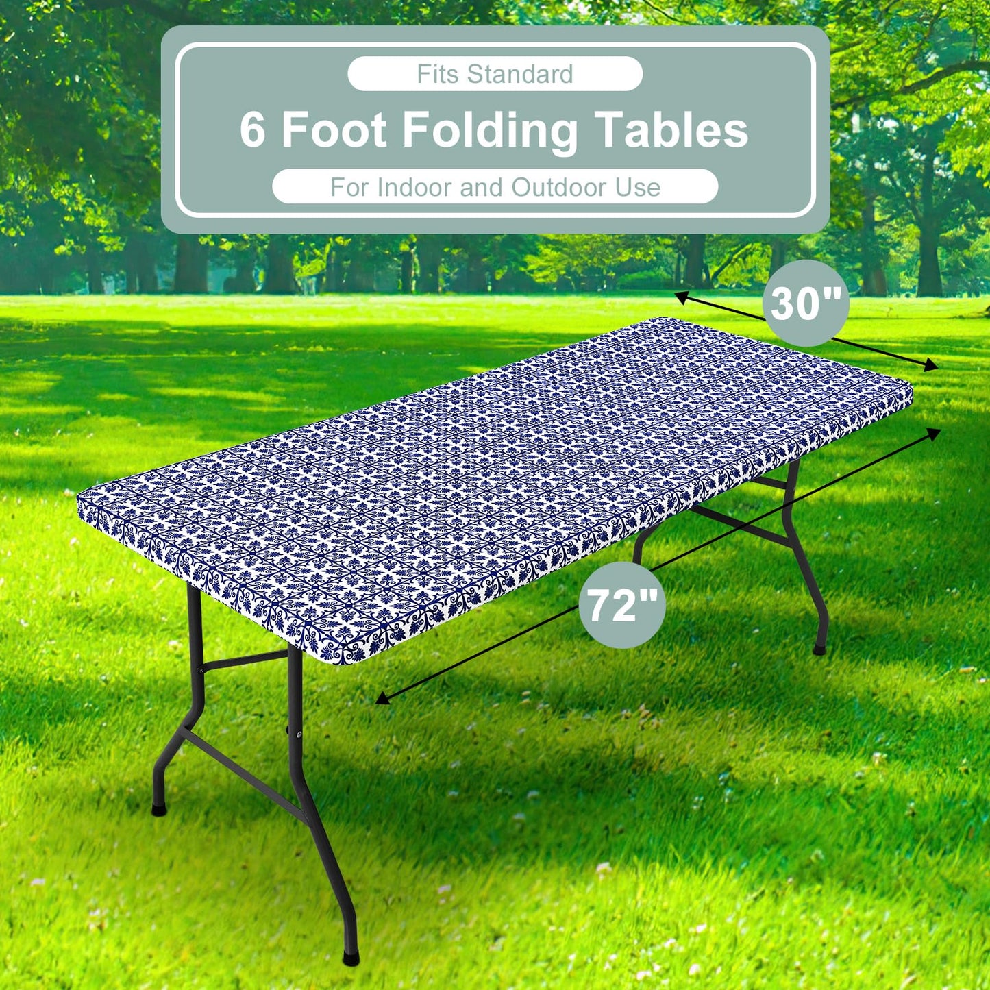 misaya 2 Pack 6 Foot Rectangle Picnic Tablecloth, Elastic Fitted Waterproof Table Cover, Windproof Washable Polyester Table Cloth for Camping, Indoor and Outdoor (Navy, 30" x 72")
