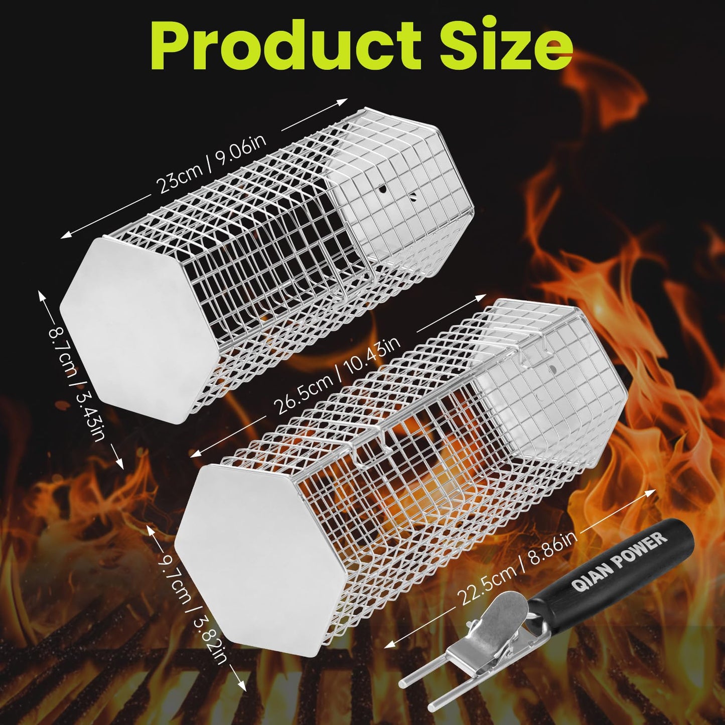 Grill Baskets 2PCS 304 Stainless Steel with Removable Wooden Handle Hexagon Design for BBQ Camping & Outdoor Cooking Accessories, Great Gift for Grill Lovers