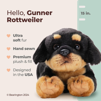 Bearington Gunner Rottweiler Stuffed Animal Dog Plush - 15" Soft and Realistic Rottweiler Plush Toy with Ultra-Soft Fur and Huggable Body - Adorable Stuffed Dog Gift for Kids, Adults, and Dog Lovers