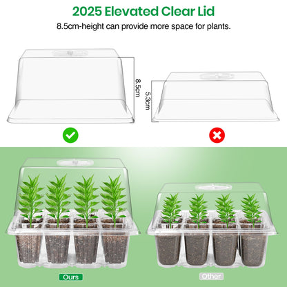 Bonviee 10 Packs Seed Starter Tray with Elevated Lid, 120 Cells Thicken Seed Starting Trays Kit with Adjustable Humidity Vent, Clear Cell Tray and Heightened Lids for Greenhouse & Gardens, Clear