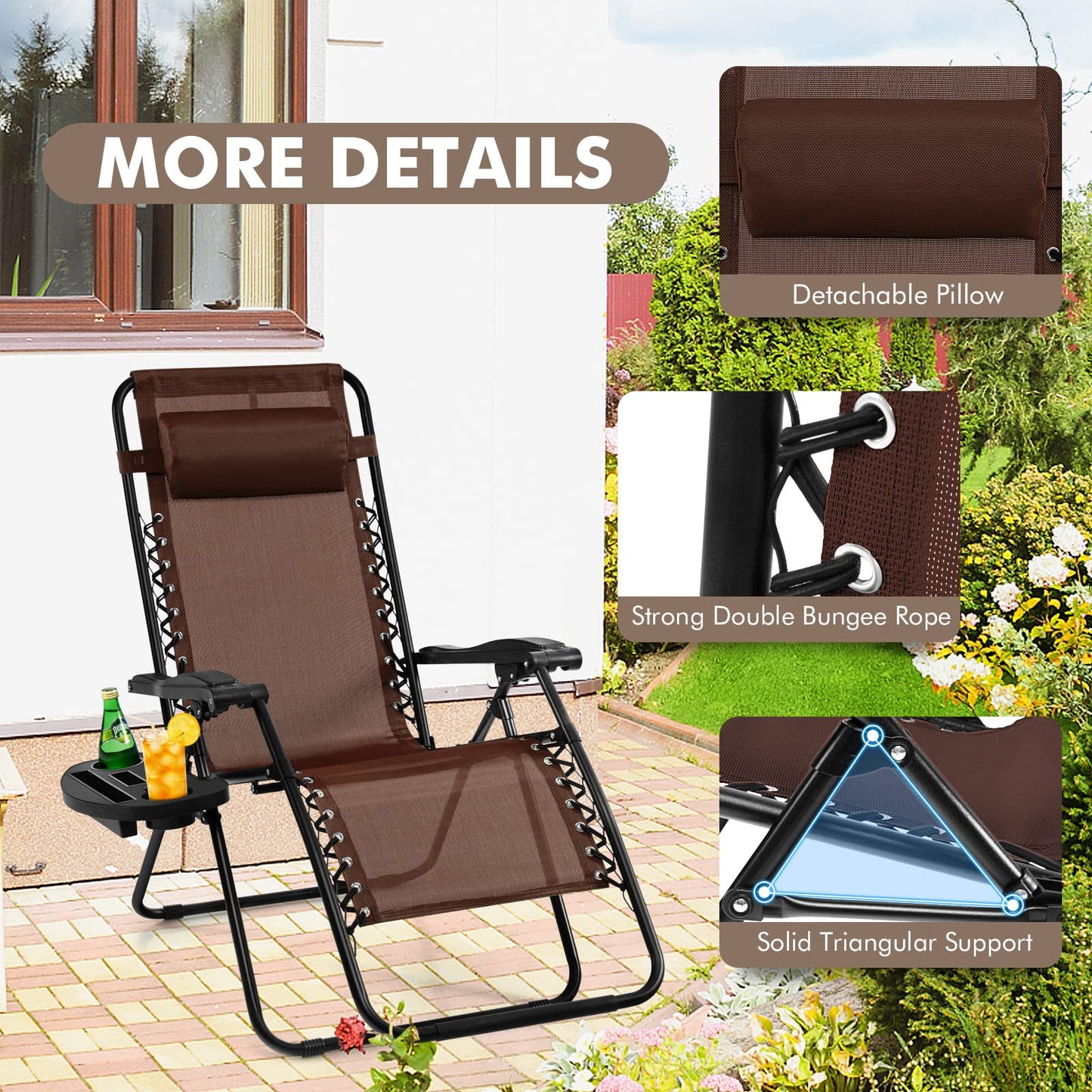 Giantex Zero Gravity Reclining Chair, Outdoor Patio Recliner with Cup Holder & Removable Pillow, Adjustable Backrest, Indoor Lounge Chair for Backyard, Garden, Poolside (Brown)