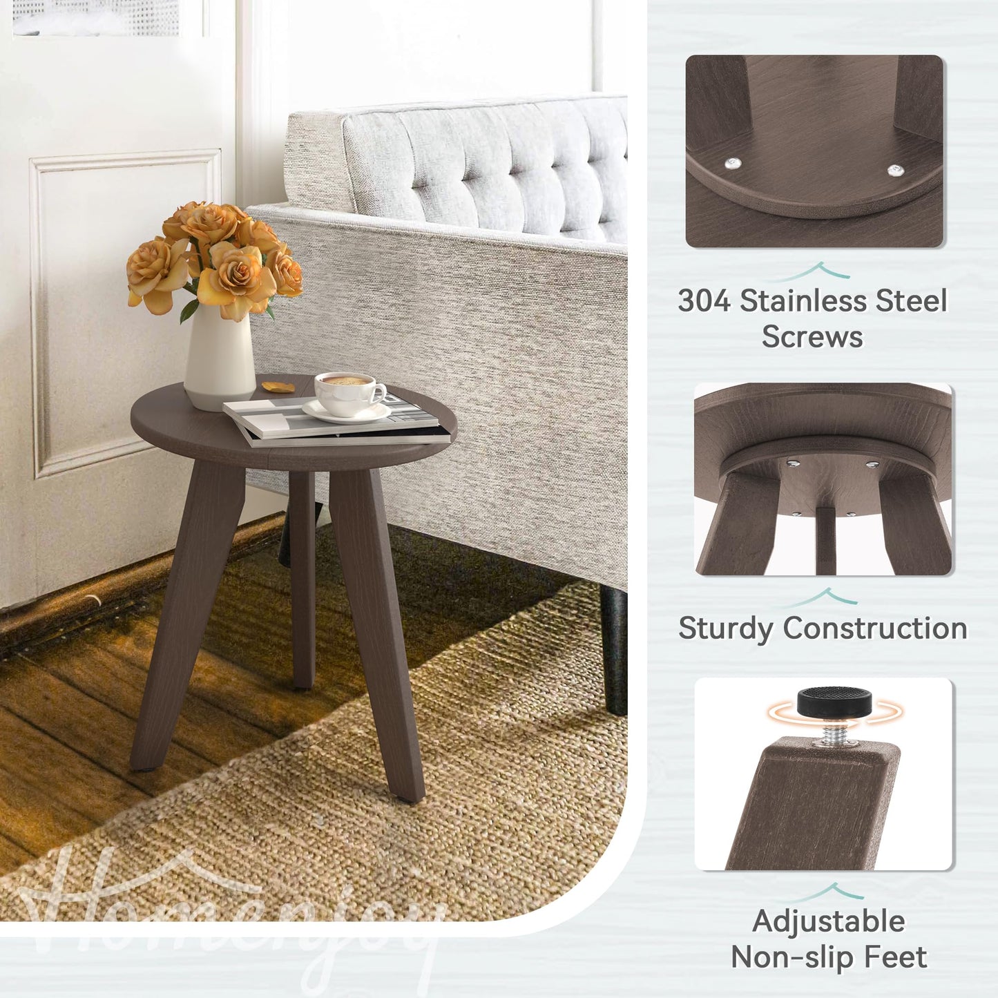 Homenjoy Outdoor Side Table, HDPS Outdoor Table, Small Round Side Table Weather-Resistant, Outdoor Side Tables for Patio, Porch,Deck,End Table for Plant Stand, Dark Brown