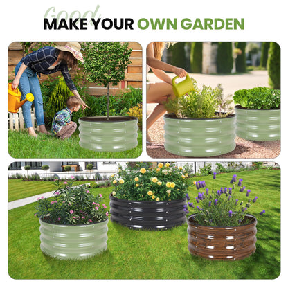 G GOOD GAIN Round Raised Garden Bed - 2Pcs 2x2x1ft Galvanized Steel Planter Boxes Outdoor with Rubber Edge Trim | Metal Raised Beds for Gardening Vegetables Flowers Fruits Herbs (Olive Green)