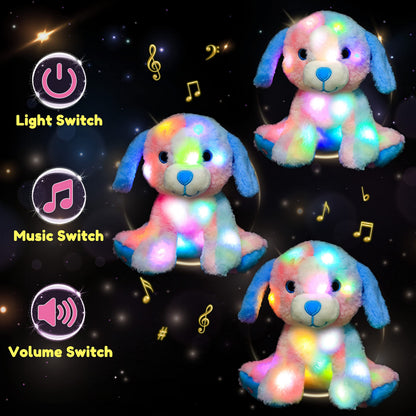 Hopearl LED Musical Stuffed Puppy Lighting Up Singing Plush Toy Adjustable Volume Lullaby Animated Soothe Birthday Festival for Kids Toddler Girls, Rainbow, 10.5''