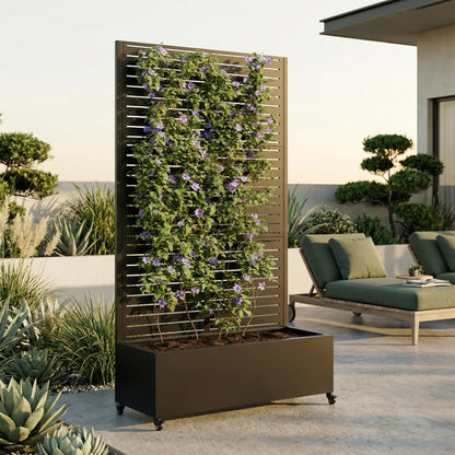 FLOHOVER 73" Metal Planter Box with Trellis, Outdoor Raised Garden Bed with Lockable Wheels & Drainage Holes, Galvanized Steel Privacy Screen Trellis Planter for Climbing Plants Vines Flowers