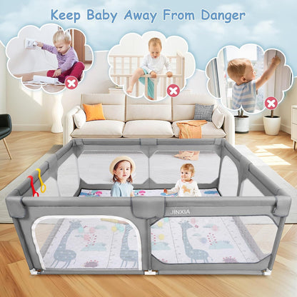 JINXIA Baby Playpen with Mat 79"*70", Large Play Pen for Babies and Toddlers with Soft Breathable Mesh, Climb-Proof Anti-Fall Baby Playpen, Sturdy Safety Play Yard for Indoor Outdoor Fun, Grey