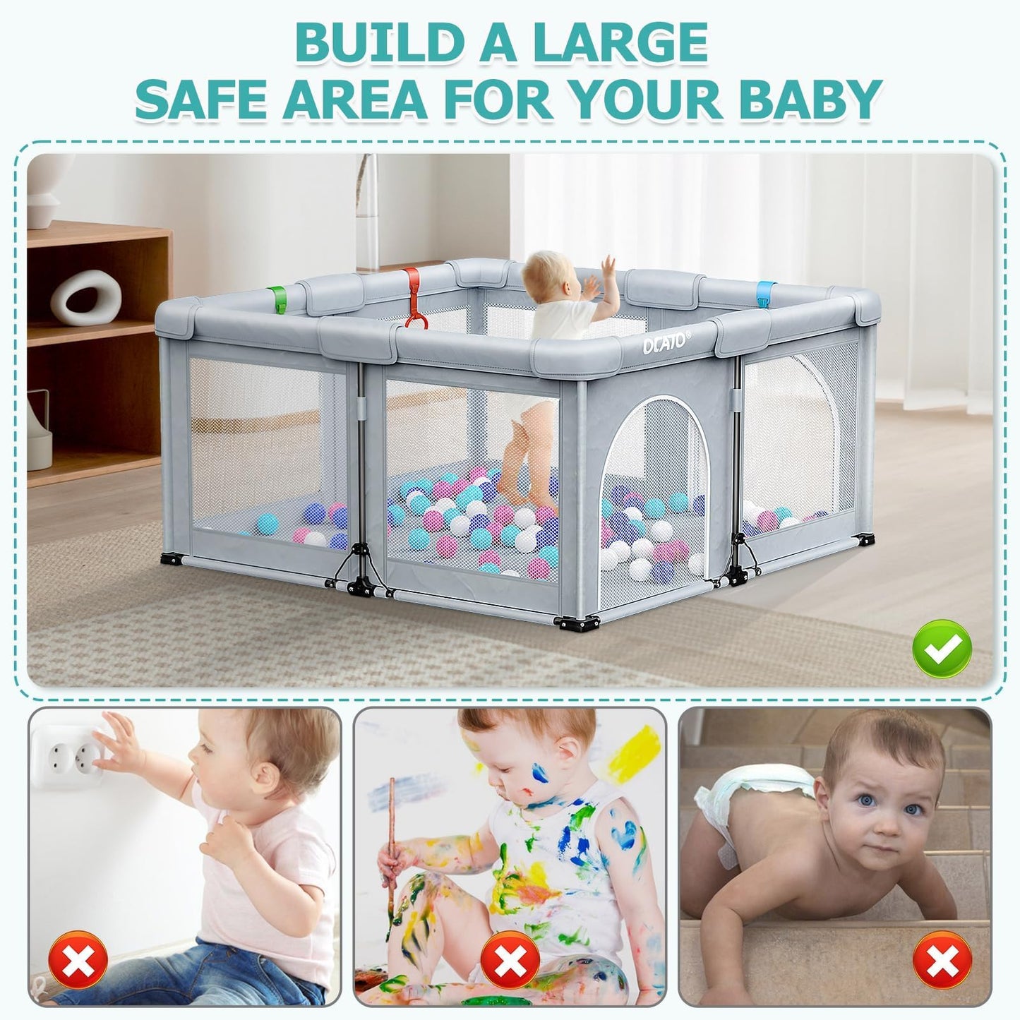 OCATO Baby Playpen: Foldable Playpen for Babies and Toddlers Large Play Pen Portable Playpen Fence Indoor Outdoor Kids Safety Area Travel Play Yard with 1 Storage Bag 4 Handlers 50 Balls (50" × 50")