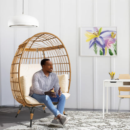 Maple99 Wicker Egg Chair Outdoor - Patio Chair, Rattan Chair, Wicker Chair PE Rattan Perfect for Backyard Lounger, & Balcony, Garden, Indoor, Steel Frame, Ivory,