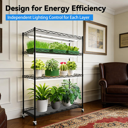 JESLED Indoor Greenhouse with Grow Light, 3FT Full Spectrum 5000K LED Light for Seed Starting, Tiered Lighting Control, Built-in Timer & Thermo-Hygrometer, Rolling Metal Plant Stand (35.4x13.8x59IN)