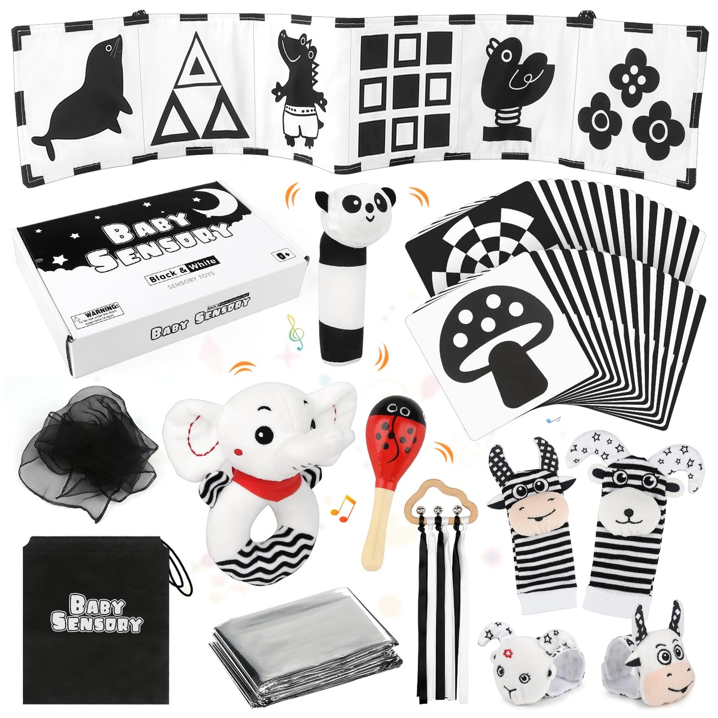 Dreamon 32PCS High Contrast Black and White Baby Sensory Toys, Newborn Tummy Time Toys with Rattle, Soft Book & Flash Cards, Montessori Infant Toys for 0-12 Months Boys Girls Shower Gifts