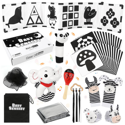 Dreamon 32PCS High Contrast Black and White Baby Sensory Toys, Newborn Tummy Time Toys with Rattle, Soft Book & Flash Cards, Montessori Infant Toys for 0-12 Months Boys Girls Shower Gifts