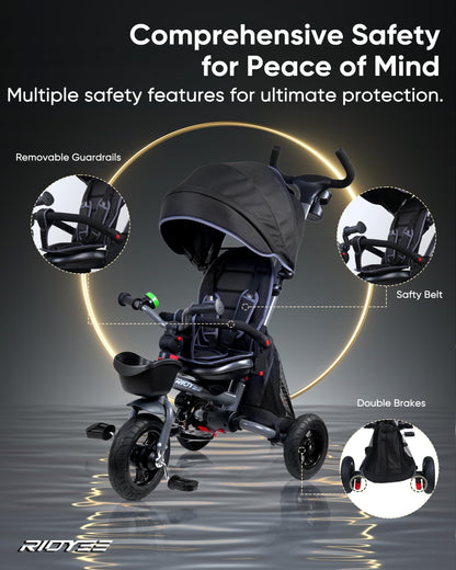 RIDYEE 7-in-1 Folding Toddler Tricycle for 18 Months to 5 Years, Tricycle Stroller with Dual Brakes, All-Terrian Rubber Tire, Tricycle for Toddlers with Rotatable Seat, Adjustable Push Handle, Grey