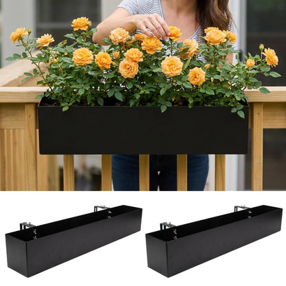 LaLaGreen Railing Planter Box (30 Inch, 2 Pack) Large Black Metal Rectangular Hanging Flower Boxes with Brackets, Planters for Outdoor Deck Railings Fence Balcony Patio Porch Over Rail Garden Decor