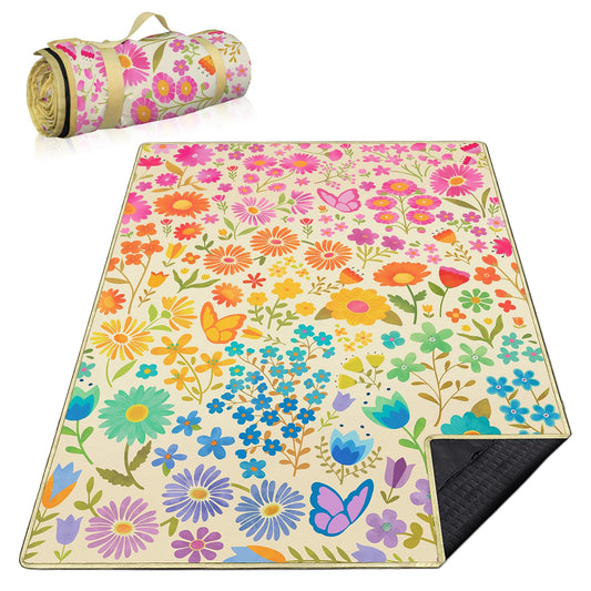 Floral Picnic Blankets Waterproof Foldable, 60″X80″ Packable Picnic Mat Flowers Outdoor Blanket for Grass, Large Beach Blanket Sandproof Picnic Accessories for Camping Music Festival Park Lawn Travel