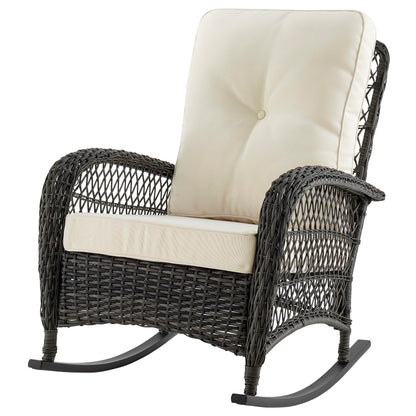 Manhattan Comfort Fruttuo Outdoor Rocking Chair with Removable Waterproof Cushions, Made of Steel Rattan, Weather-Resistant Patio Rocker with Curved Edge and Sturdy Steel Frame, Cream