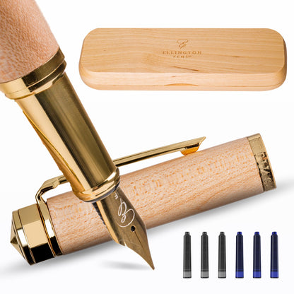 Ellington Pens Luxury Wood Fountain Pen Set – Medium Nib - Includes 6 Ink Cartridges, Wooden Pen Gift Box, Ink Converter - Wood Pen For Writing, Calligraphy, Journaling, Drawing (Maple Harmony)