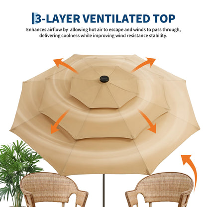Garvee 9ft Patio Umbrella with Solar Lights, 3-Tier Patio Table Umbrella Outdoor with LED Lights, Ventilation, Easy Crank & Tilt, 8 Sturdy Ribs, UV Protection, Large Patio Umbrella for Deck, Pool