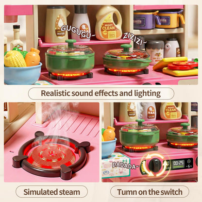 33.8IN - 70PCS Kids Kitchen Playset with Sound & Light - Cooking Stove with Steam, Play Sink and Toy Kitchen Accessories - Pretend Kitchen Play Food Toys for Kids Boys Girls - Toddler Play Kitchen Set