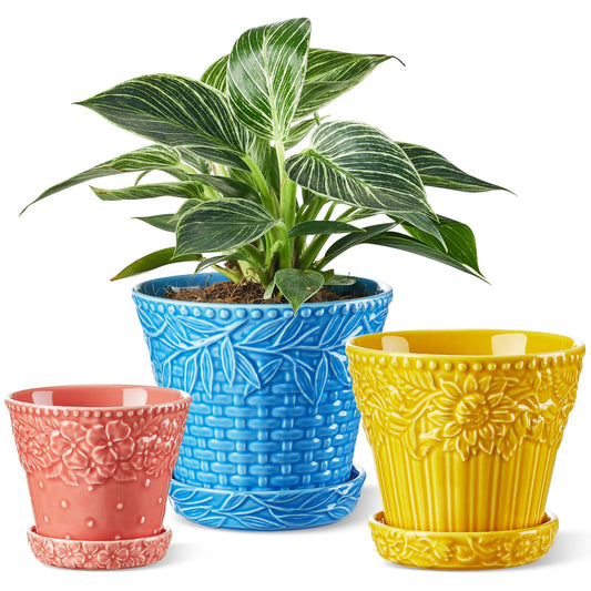 Metahom Ceramic Plant Pots, 3.8+4.9+5.8 Inch, Set of 3 Flower Pots with Drainage Hole & Saucer, Embossed Planter Pots for House Plants, Home Decor, Set of 4, Assorted Colors