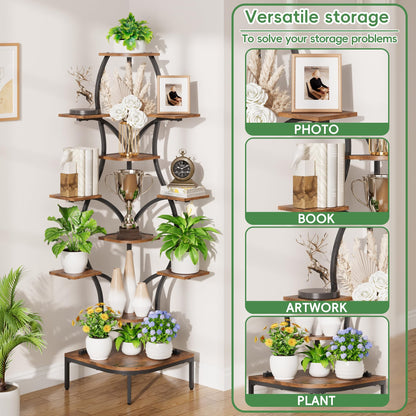LATIBELL 72'' Tall Corner Plant Stand Indoor with Grow Light - 8 Tiered Metal Plant Shelf for Indoor Plants, Curved Display Rack Capable of Holding Large Pots in Living Room, Patio & Balcony, Black