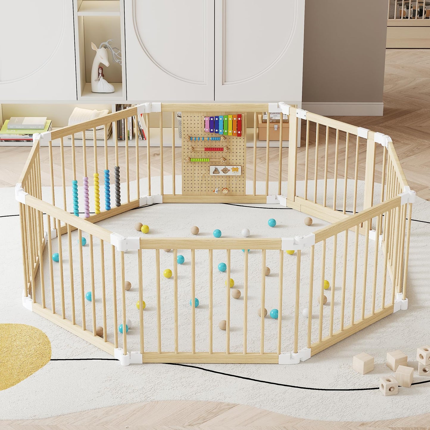 EXPERLAM Baby Playpen - Wooden Playpen for Babies and Toddlers, Foldable Play Pen with Locking Gate, Portable Baby Fence with Adjustable Shape and Size, Extra Large Toddler Play Yard (58X58x23.5Inch)