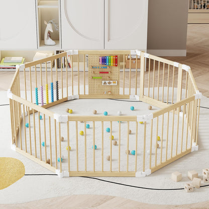 EXPERLAM Baby Playpen - Wooden Playpen for Babies and Toddlers, Foldable Play Pen with Locking Gate, Portable Baby Fence with Adjustable Shape and Size, Extra Large Toddler Play Yard (58X58x23.5Inch)
