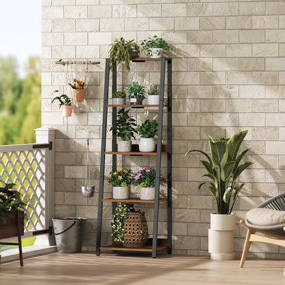 MAHANCRIS Plant Stand with Grow Light, 5 Tier Plant Shelf with Timer for Indoor Plants, Ladder Shape Flower Rack with Raised Back Edges, for Living Room, Balcony, Rustic Brown and Black PSHR05E01