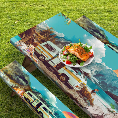 Britown 3 Piece Fitted Picnic Table Cover with Bench Covers, 72"x30" Full Elastic Edge Camping Tablecloth, Waterproof Wipeable RV Outdoor Patio Park Camping Essentials with Drawstring Bag (Travel)