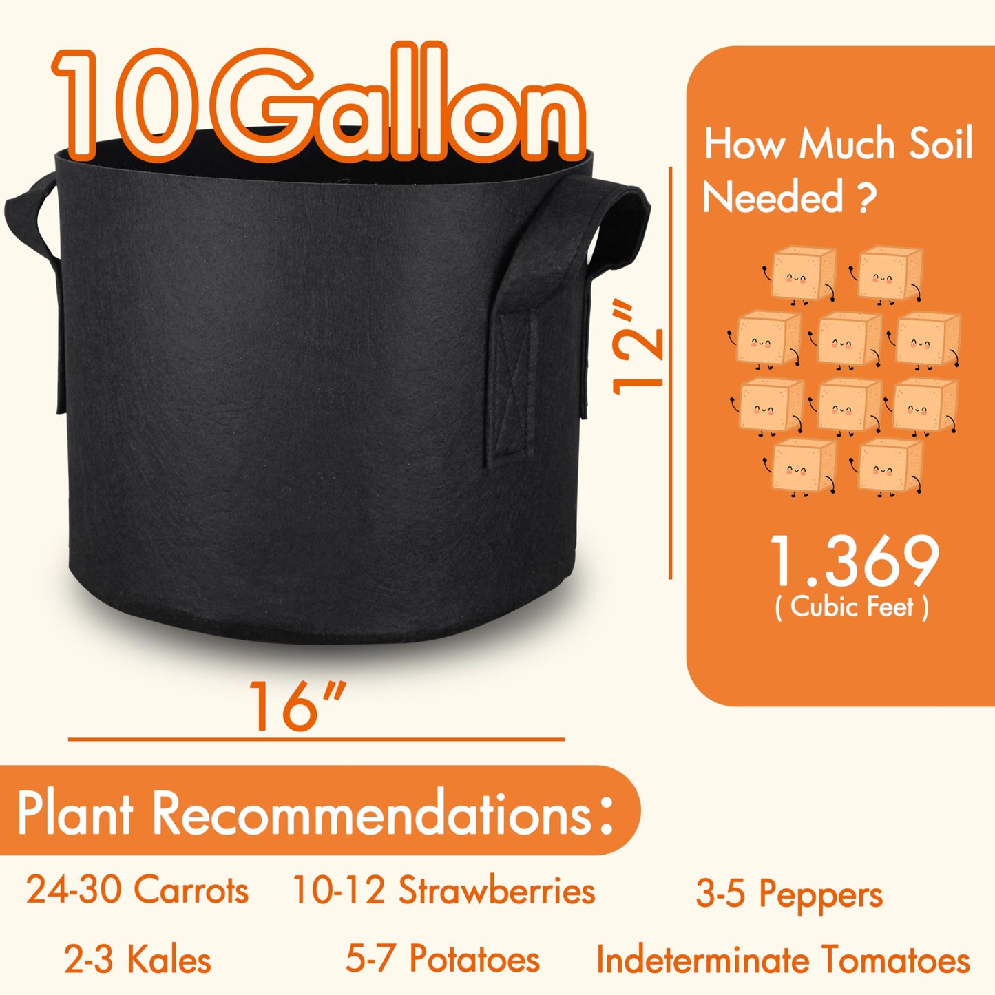 Gardzen 10-Pack 10 Gallon Grow Bags, 300G Thickened Fabric Grow Bags with Handles, Heavy Duty Aeration Plant Grow Bags