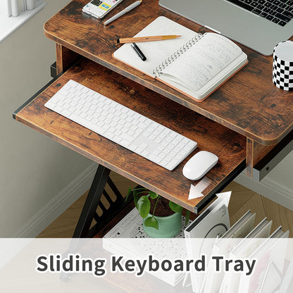 ALISENED Computer Desk for Small Spaces, 23.6" Z-Shaped Compact Study Table with Smooth Keyboard Tray with Wheels and Bottom Shelves for Home Office, Computer Cart Mobile Laptop Cart, Rustic Brown