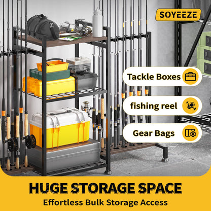 SOYEEZE Fishing Rod Holder for 28 Rods, Ground Stand Fishing Pole Holders for Garage, 3-Sided Vertical Fish Rod Rack for Tackle Box, Fishing Supplies,a Display Fish Gear Storage Gift