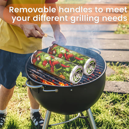 Nesting Grill Baskets (2 PCS), 304 Stainless Steel with Removable Wooden Handle, Rolling Grilling Net, BBQ Accessories Tools for Vegetables Shrimp, Outdoor Camping, Gifts for Men Dad and Husband