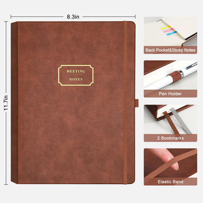 EMSHOI Meeting Notebook for Work with Sticky Tabs - 240 Pages, A4 Size Project Planner, PU Leather Meeting Agenda/Minutes Organizer for Women Men, Note Taking, Office & Business, 8.3"x11.7", Coffee