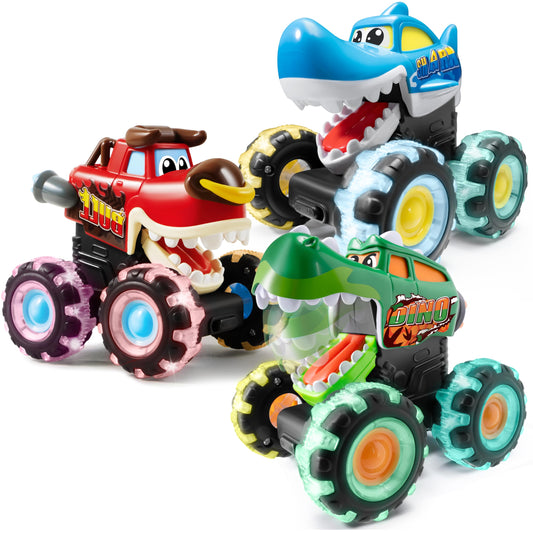 JOYIN 3 Pack Monster Truck Toy - Motion Activated Light Up Cars for Toddlers - Monster Glow Rover LED Wheels - Baby Boy Toys - Press and Go Dinosaur Trucks for Kids Boy Birthday Gifts