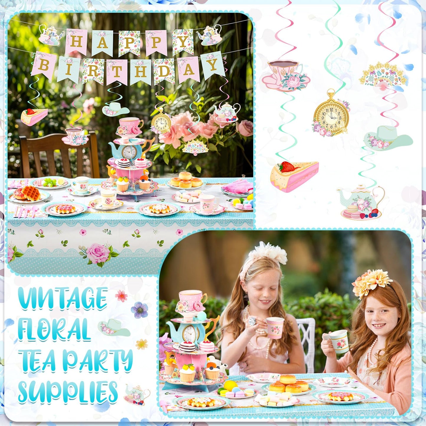 SiliFine 106 Pcs Tea Party Supplies for 12 Guests Include Plates Tea Cups Saucers Napkins Cupcake Stand Tablecloth Banners Floral Tea Party Tableware Set for Girls Birthday Baby Shower Party Favors