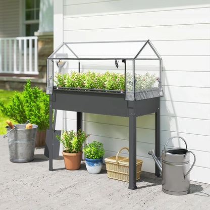 Elevated Raised Garden Bed with Mini Greenhouse, Dark Gray Metal Planter Box with Flip-Up Protective Cover, 39.4" x 18.9" x 48.8", 110 lbs Capacity