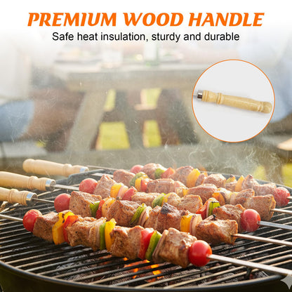 WRENYZK 24 Pcs Barbecue Skewers with Wooden Handles, Kabob Skewers for Grilling, 15.75" Stainless Steel BBQ Skewer with Basting Brush, Kabob Skewers Skewer Sticks for Camping or family