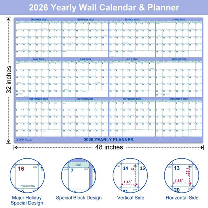 32" x 48" 2026 Wall Calendar, Folded Wet & Dry Erase Wall Calendar 12 Month, Yearly Laminated Wall Calendars, Reversible Annual Planner, Horizontal/Vertical, with Julian Dates