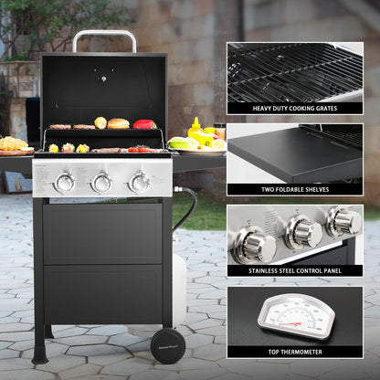 MASTER COOK 3 Burner BBQ Propane Gas Grill, 472 Sq. In. Cooking Area, 30,000 BTU Stainless Steel Barbecue Grill with Two Foldable Shelves for Outdoor Patio, Backyard