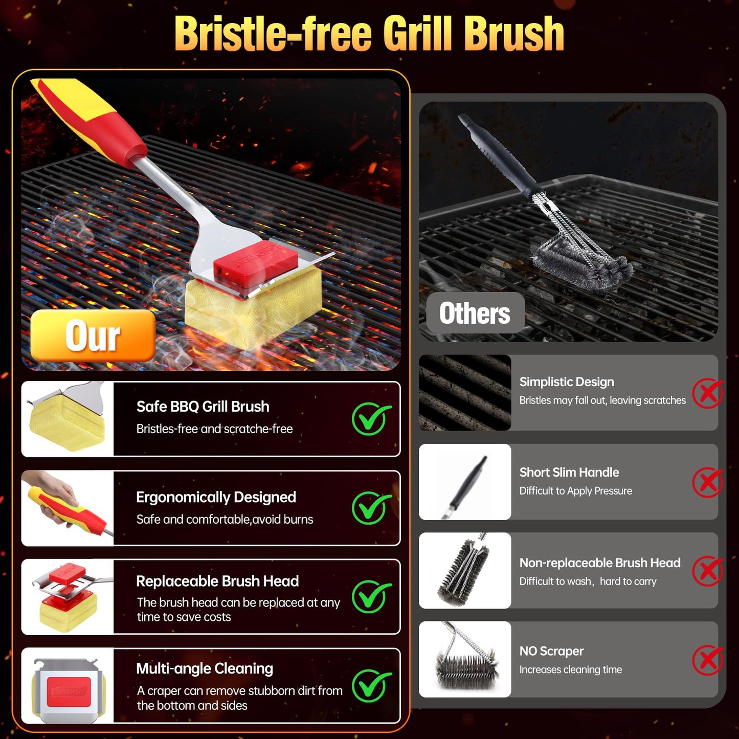Grill Brush Bristle Free for Outdoor Grill, BBQ Grill Cleaner Brush and Scraper with Replaceable Head, Steam Grill Cleaning Brush 17'' Long Handle for Cast Iron Stainless Steel Grates,Red