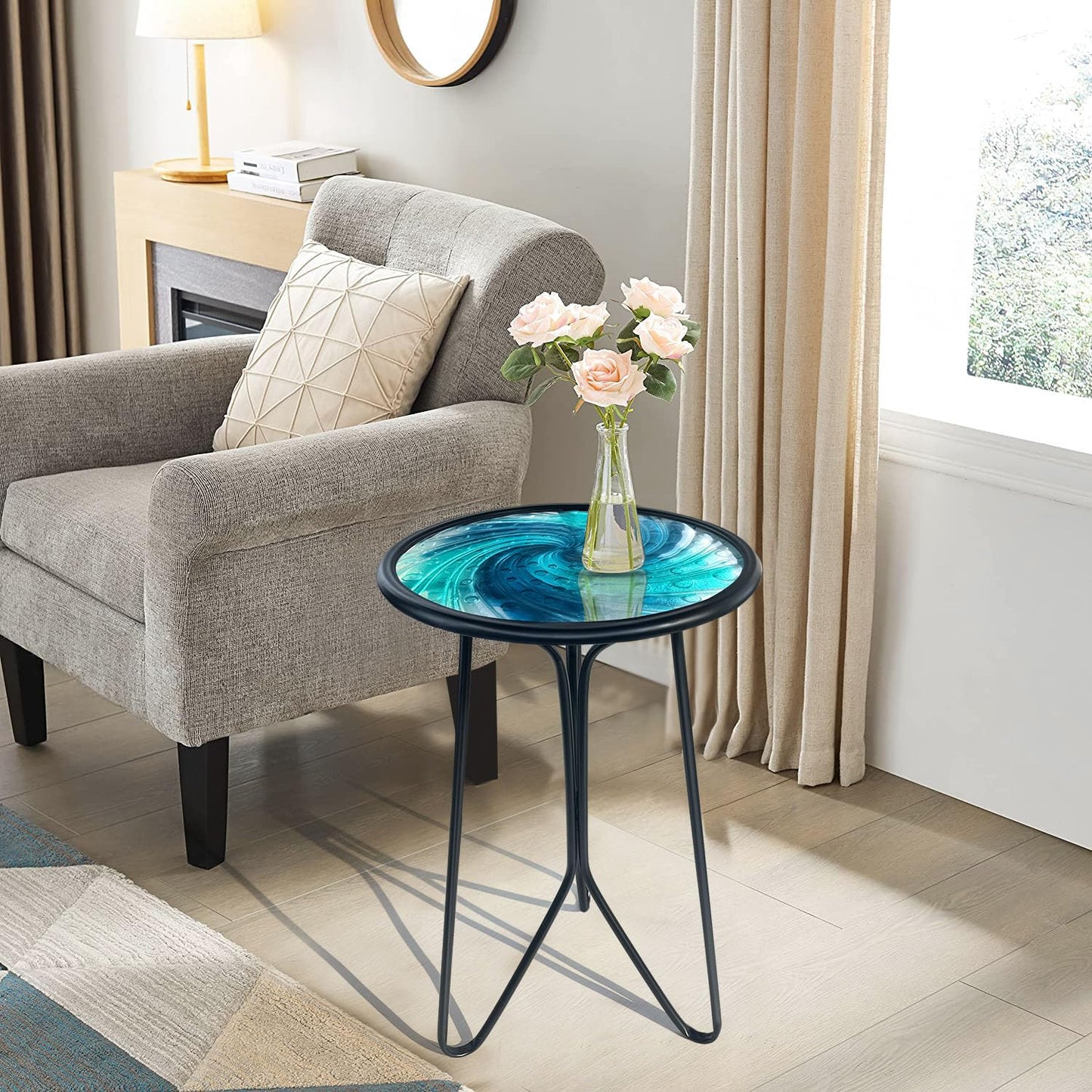 LIFFY Patio Side Table, Small Round End Table, Metal Side Table Outdoor, Small Porch Table for Indoor Balcony Furniture Decor (Blue Glass 12inch)