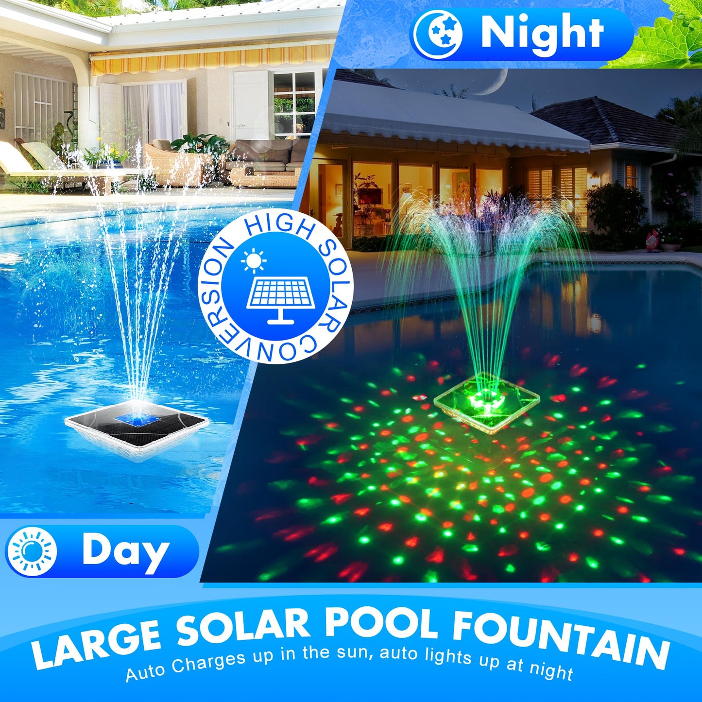 ChlorStar Upgraded Solar Fountain with Light Show,Large Solar Pool Fountain with Anchor,Square Floating Pool Fountains for Inground Above Ground Pool,Solar Water Fountains Pump for Pool-Dark Blue,1PC