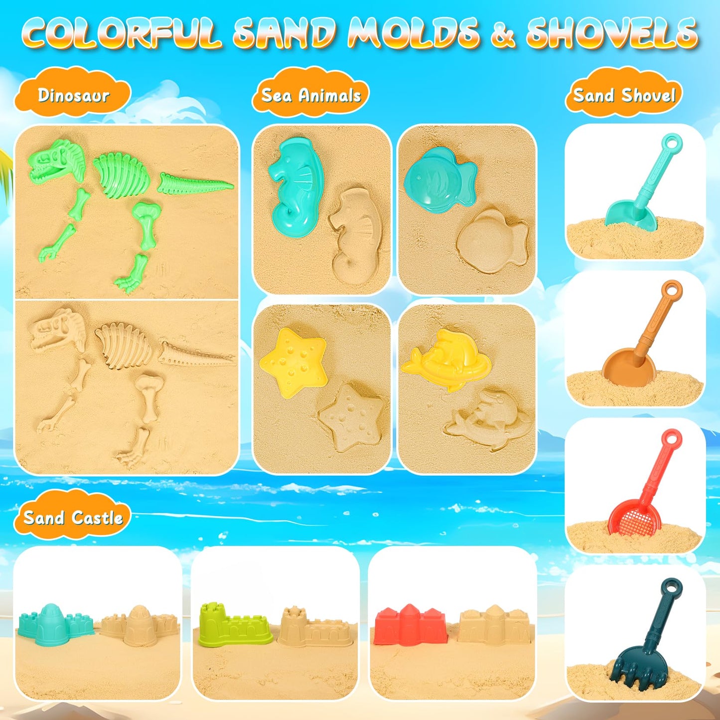 HUITEM Beach Sand Toys for Kids, 29PCS Sandbox Toys with 2 Collapsible Bucket Sand, 2 Dump Truck, Dinosaur Molds, Castle Building Kit, Shovel Sieve,Flags,Mesh Bag Travel Beach Toys for Toddler 3-10