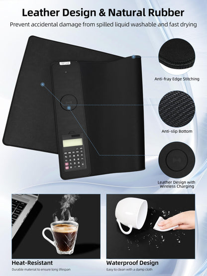 Mouse Pad 31.5x15.75 Inch with Calculator, 15W Magnetic Wireless Charging Desk Mat, XXL Desk Pad, Home Office Large Keyboard Pad with Ultra-Smooth Surface, Non-Slip Base (Black with 20W PD Charger)