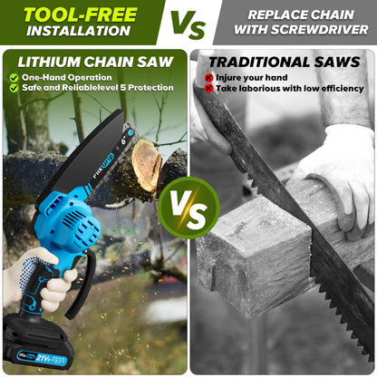 Mini Chainsaw, 6 Inch Mini Chainsaw cordless,21V with 2 Battery Powered Portable Handheld Small Chain Saw Use for Wood Cutting, Tree Trimming Handheld Saw, Home and Garden Tool (Bluce)