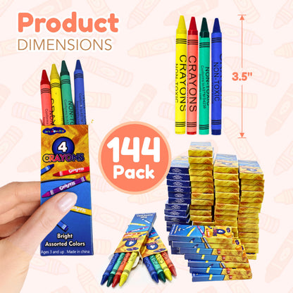 4E's Novelty 144 Boxes of 4 Packs Bulk Crayons for Kids, Non-Toxic Crayons Bulk, Classroom Must Haves, Supplies for Teachers Restaurants Crayon Party Favors Individual Packs