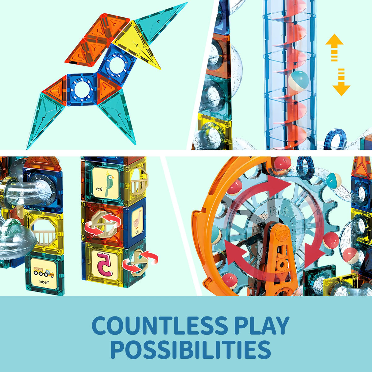 Motorized Marble Run Set, 107 Piece Magnetic Tile Building Toy with Ferris Wheel and Elevator, Music and Lights Marble Maze STEM Game for Kids Ages 4 to 12, Educational Gift