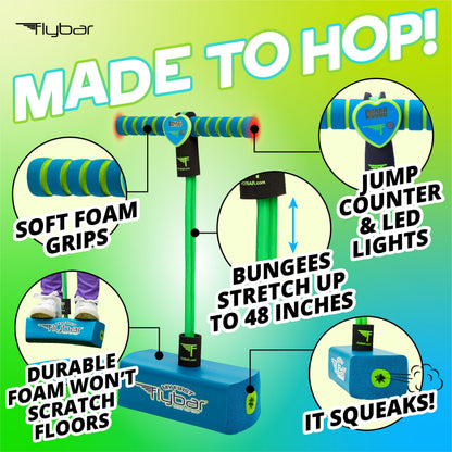 Flybar My First Foam Pogo Jumper for Kids Fun and Safe Pogo Stick for Toddlers, Durable Foam and Bungee Jumper for Ages 3 and up, Supports up to 250lbs (Blue LED)