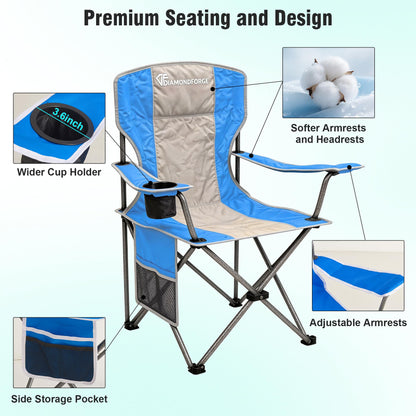 DIAMONDFORGE High Back Camping Chair for Adult, Portable Folding Camp Chair, Outdoor Camping Chair with Wide Cup Holder, Side Pocket for Hiking Fishing Sports, Blue Grey (2 Pack)