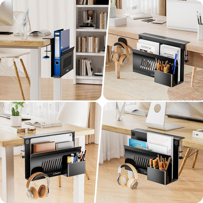 Litwaro Desk Side Storage Organizer, No Drill Laptop Holder Clamp on Desk Shelf with Magnetic Pen Holder, Hanging Organizer Fits Flat Edge Desks 0.4" to 2.1" (Black)